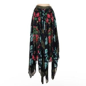 Free People Black Asymmetrical Floral Handkerchief Skirt with Red Roses